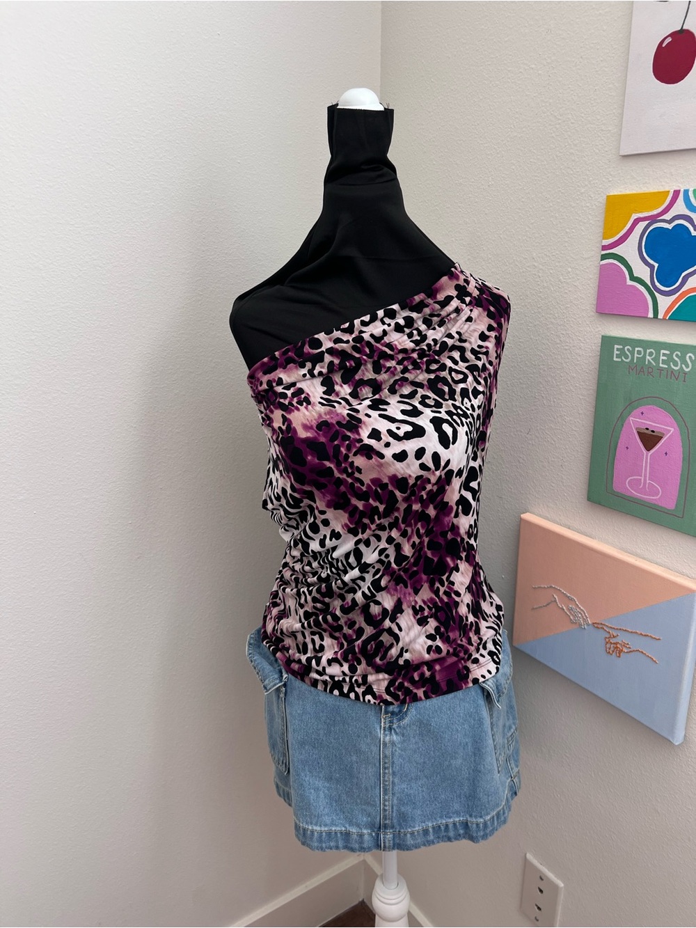 Y2K Calvin Klein Leopard Print Cowl Neck Top – Pink Purple Animal Print